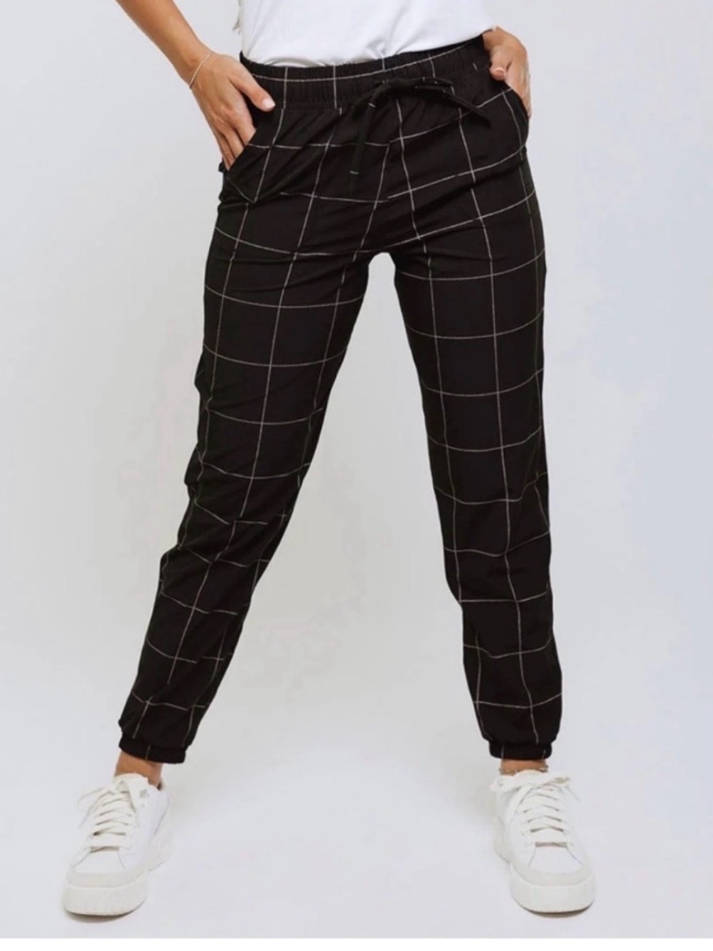 Black Windowpane Drawstring Joggers